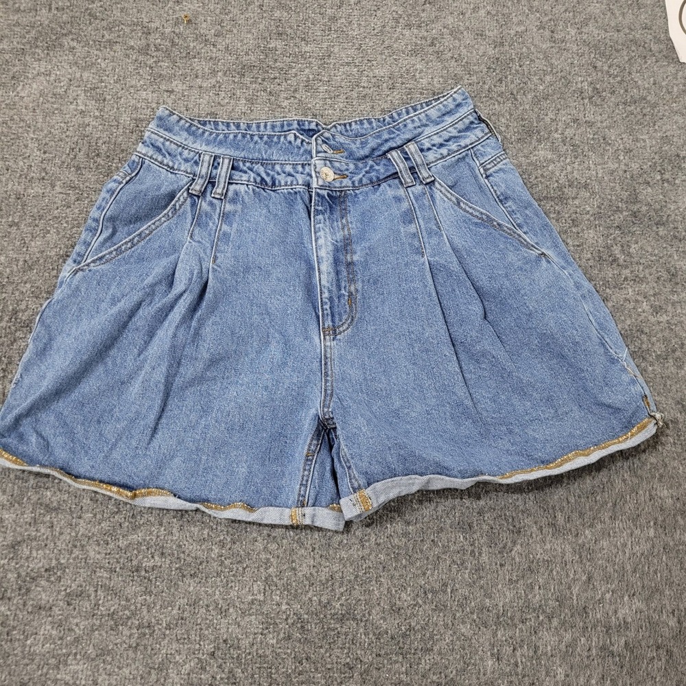 Forever 21 Shorts Womens Size 30 Blue Cotton High Waisted Pleated Cuffed Denim